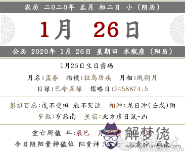 2020鼠年陰歷正月初二之·時辰宜忌時辰吉兇(圖文)